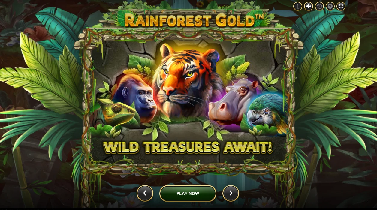 Rainforest Gold gameplay showing the 5x3 grid and tropical animal symbols